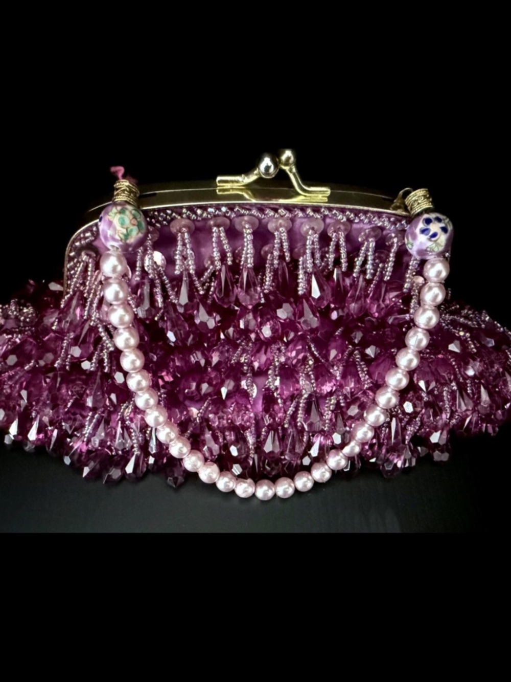 Vintage Lily Scott Lucite Beaded Evening Bag Plum Amethyst Pearl Handle - Picture 2 of 7